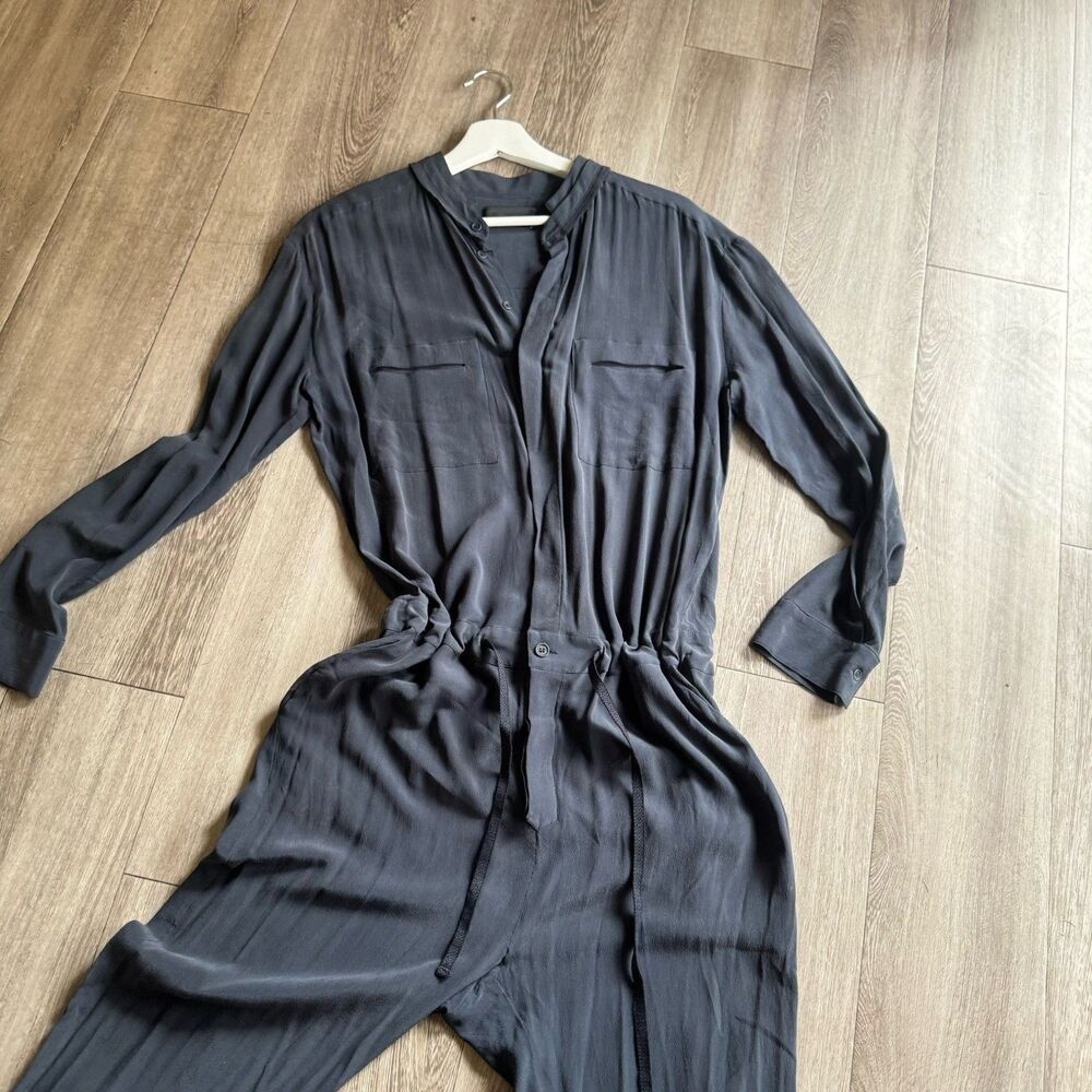 Superfine 100% Silk Made In Italy Gray Button Front Jumpsuit Sz S Quiet Luxury - Picture 8 of 16